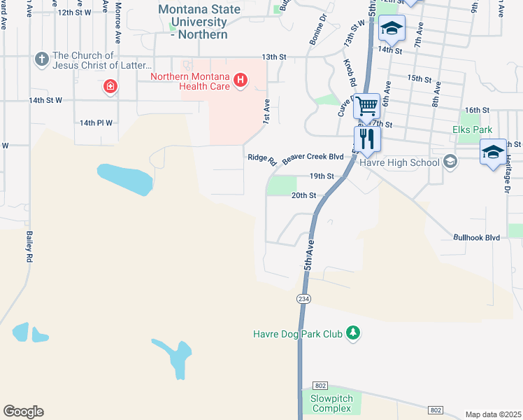 map of restaurants, bars, coffee shops, grocery stores, and more near 61 Beaver Creek Boulevard in Havre