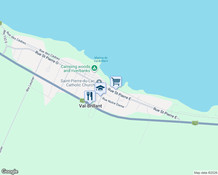 map of restaurants, bars, coffee shops, grocery stores, and more near 13 Rue Saint Pierre Est in Val-Brillant