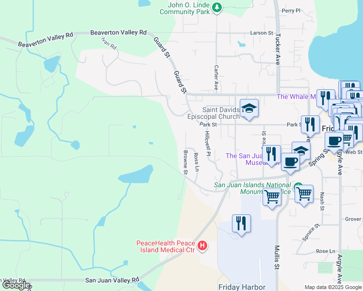 map of restaurants, bars, coffee shops, grocery stores, and more near 295 Browne Street in Friday Harbor