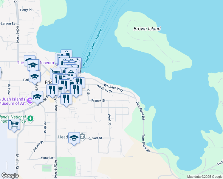 map of restaurants, bars, coffee shops, grocery stores, and more near 520 Warbass Way in Friday Harbor