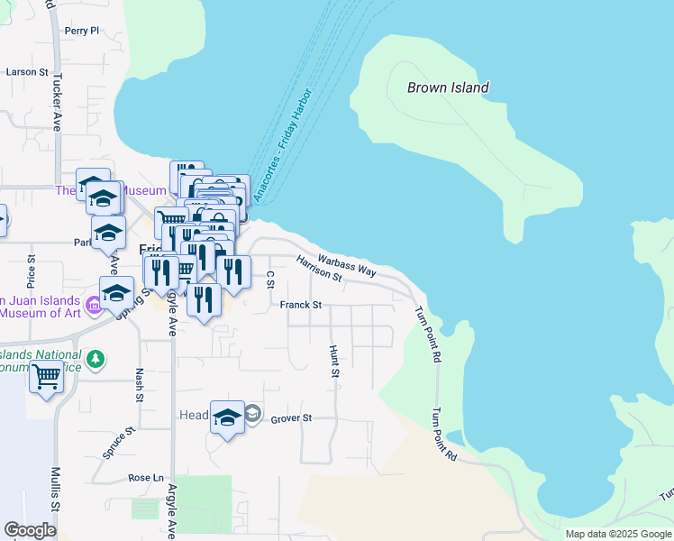 map of restaurants, bars, coffee shops, grocery stores, and more near 430 Harrison Street in Friday Harbor