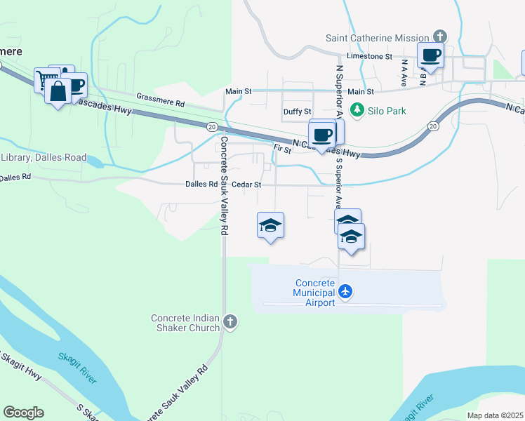 map of restaurants, bars, coffee shops, grocery stores, and more near 7671 Cedar Park in Concrete