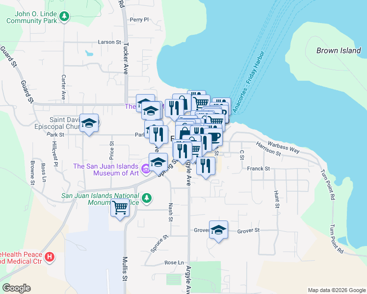 map of restaurants, bars, coffee shops, grocery stores, and more near 270 Spring Street in Friday Harbor