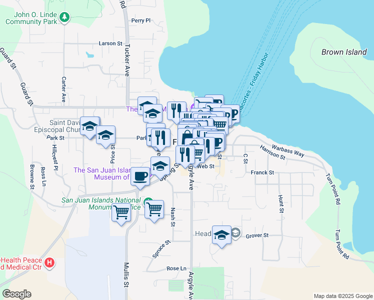 map of restaurants, bars, coffee shops, grocery stores, and more near 270 Spring Street in Friday Harbor