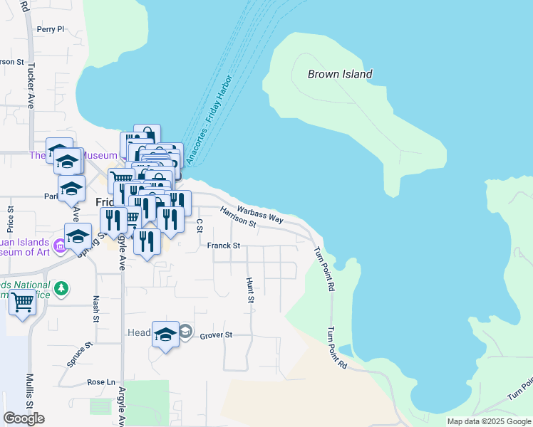 map of restaurants, bars, coffee shops, grocery stores, and more near 520 Warbass Way in Friday Harbor