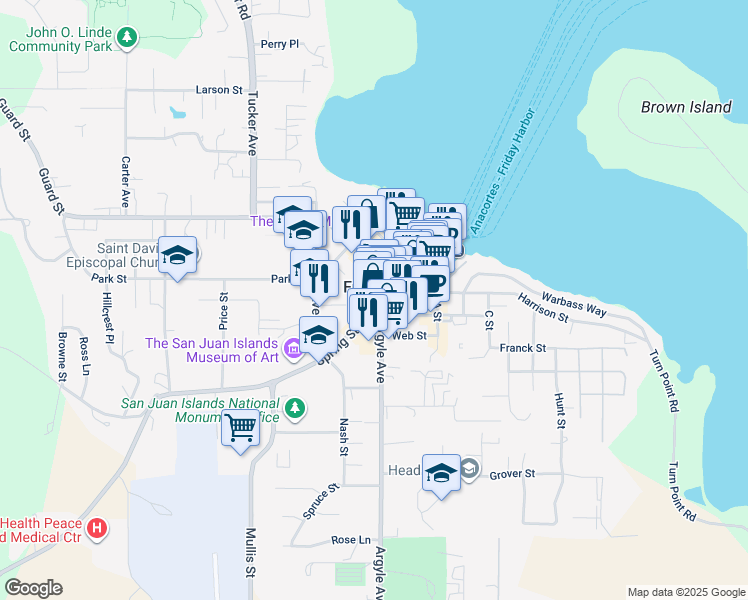 map of restaurants, bars, coffee shops, grocery stores, and more near 270 Spring Street in Friday Harbor