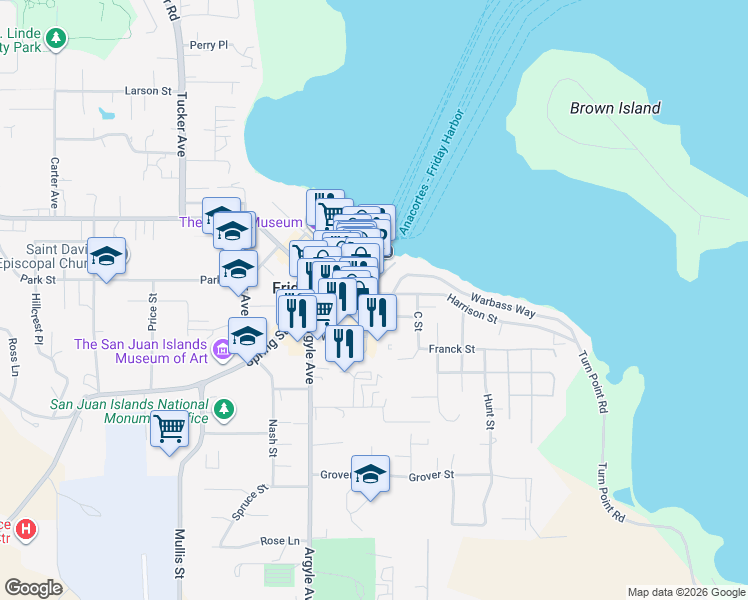 map of restaurants, bars, coffee shops, grocery stores, and more near 232 A Street in Friday Harbor