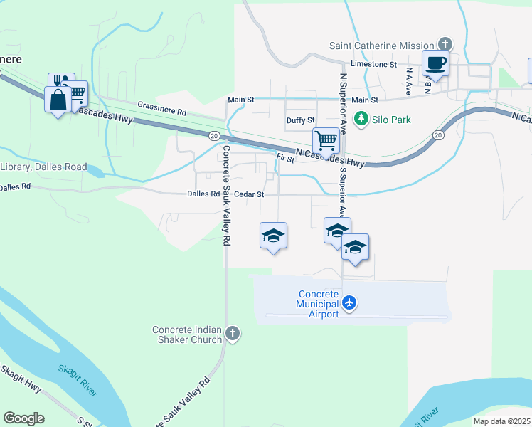 map of restaurants, bars, coffee shops, grocery stores, and more near 7671 Cedar Park in Concrete
