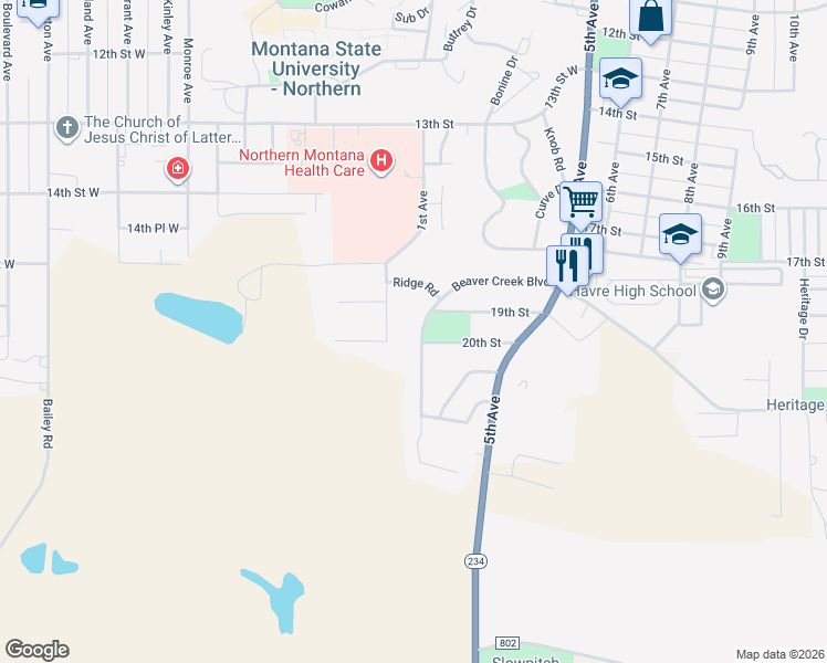 map of restaurants, bars, coffee shops, grocery stores, and more near 43 Beaver Creek Boulevard in Havre