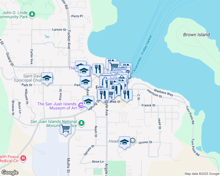 map of restaurants, bars, coffee shops, grocery stores, and more near 210 Spring Street in Friday Harbor