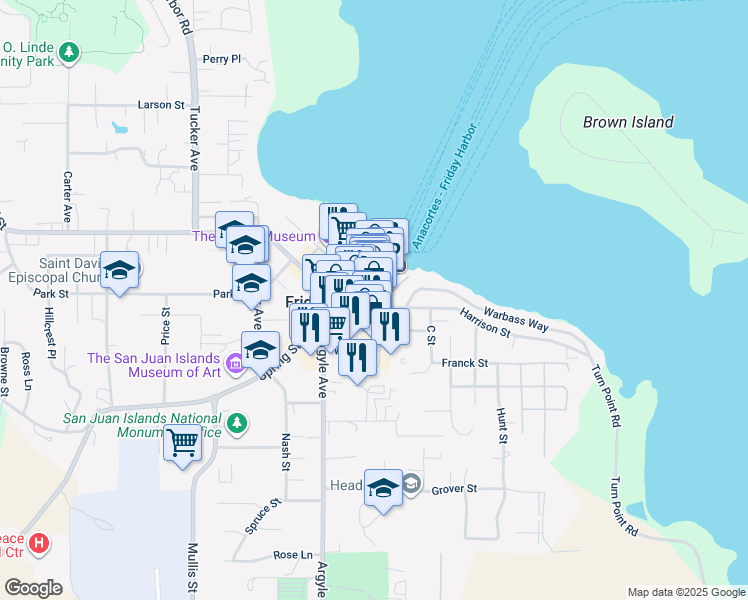 map of restaurants, bars, coffee shops, grocery stores, and more near 232 A Street in Friday Harbor