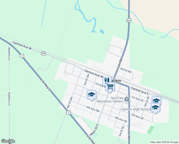 map of restaurants, bars, coffee shops, grocery stores, and more near 29 3rd Street Southwest in Harlem