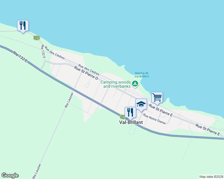 map of restaurants, bars, coffee shops, grocery stores, and more near 33 Rue Saint Pierre Ouest in Val-Brillant