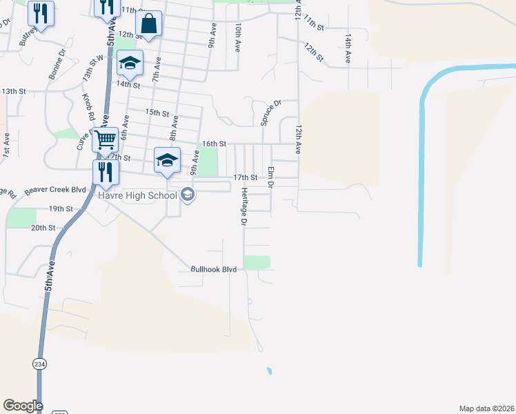 map of restaurants, bars, coffee shops, grocery stores, and more near 1025 20th Street in Havre