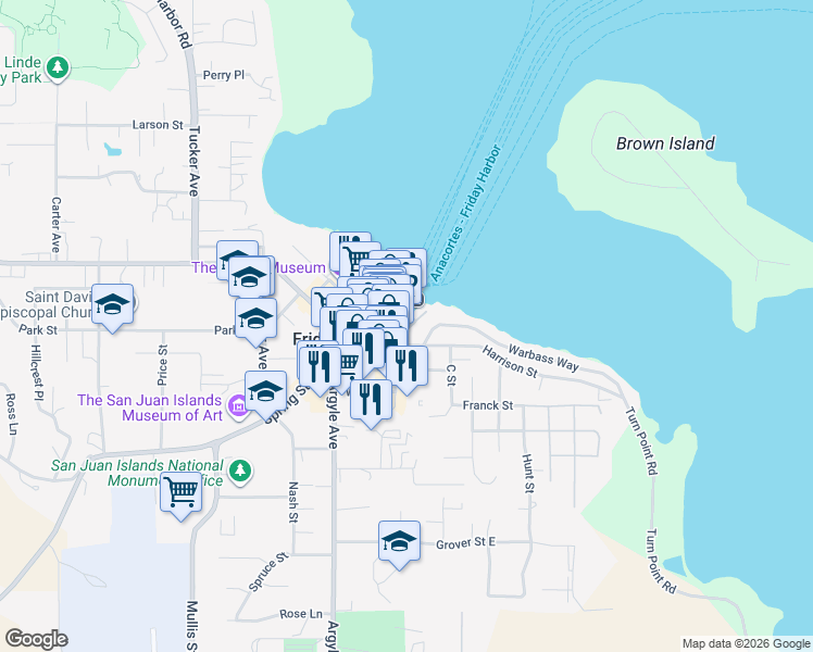 map of restaurants, bars, coffee shops, grocery stores, and more near 232 A Street in Friday Harbor