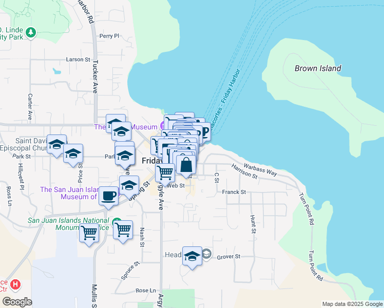 map of restaurants, bars, coffee shops, grocery stores, and more near 232 A Street in Friday Harbor