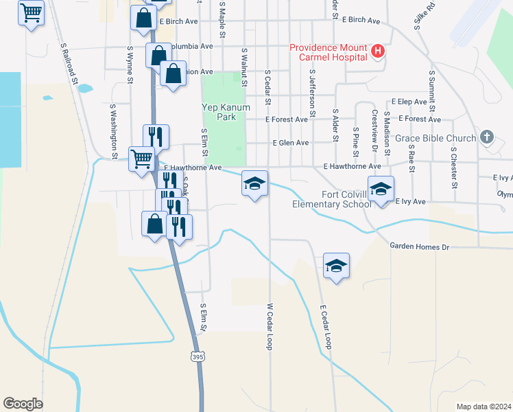 map of restaurants, bars, coffee shops, grocery stores, and more near 990 South Cedar Street in Colville