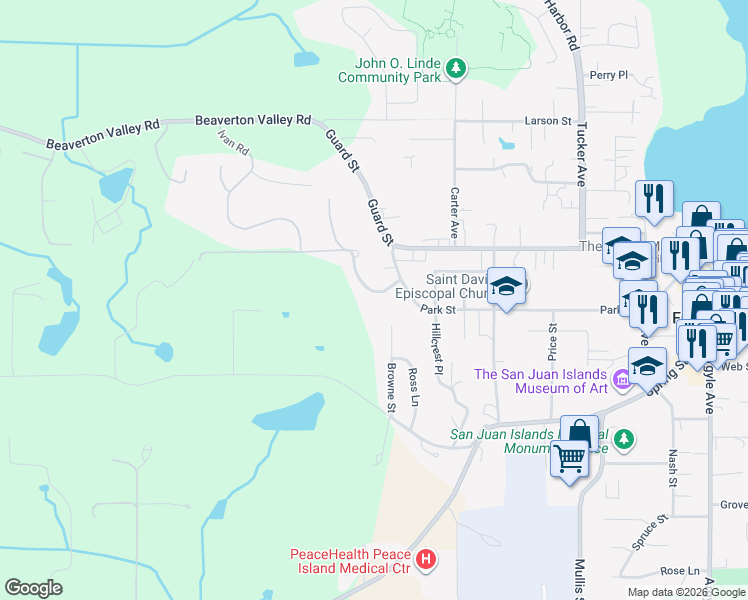 map of restaurants, bars, coffee shops, grocery stores, and more near 1021 Harbor View Place in Friday Harbor