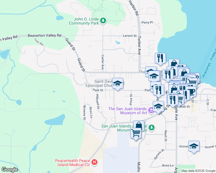 map of restaurants, bars, coffee shops, grocery stores, and more near 35 Scenic Place in Friday Harbor