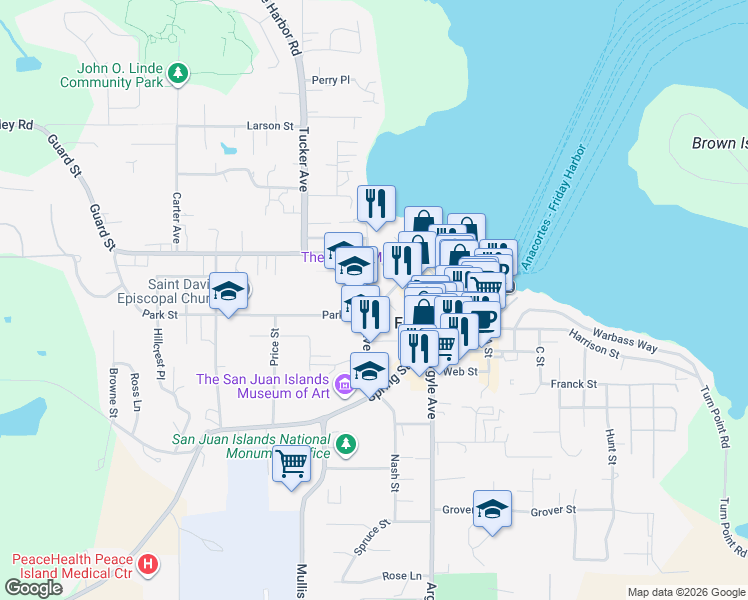 map of restaurants, bars, coffee shops, grocery stores, and more near 105 2nd Street North in Friday Harbor