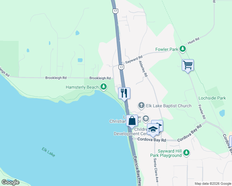 map of restaurants, bars, coffee shops, grocery stores, and more near Hamsterly Road in Capital Regional District