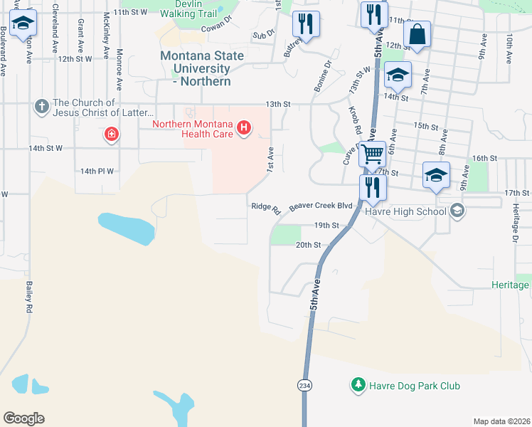 map of restaurants, bars, coffee shops, grocery stores, and more near 41 Ridge Road in Havre