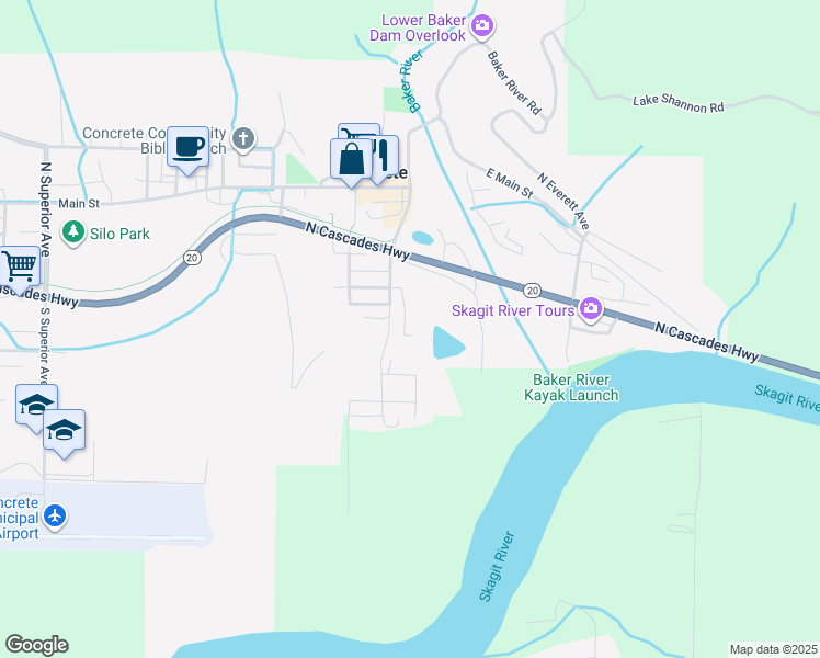 map of restaurants, bars, coffee shops, grocery stores, and more near 7621 Campbell Place in Concrete