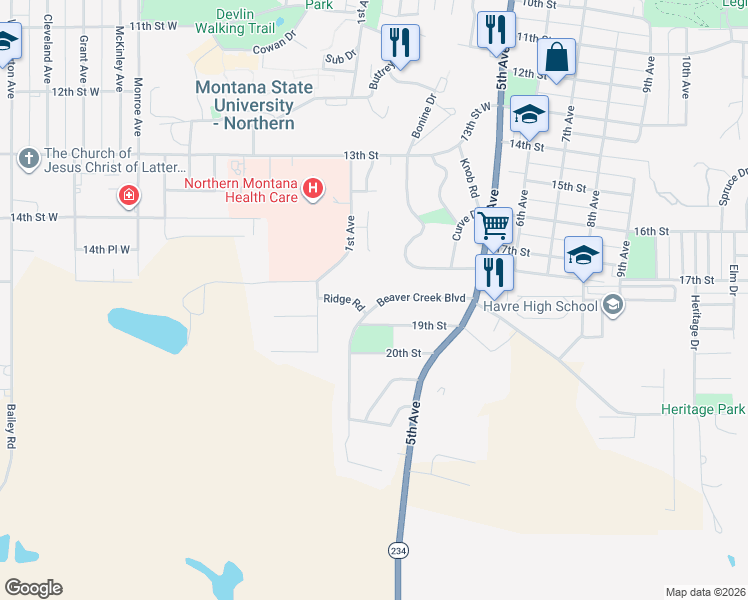 map of restaurants, bars, coffee shops, grocery stores, and more near 31 Beaver Creek Boulevard in Havre