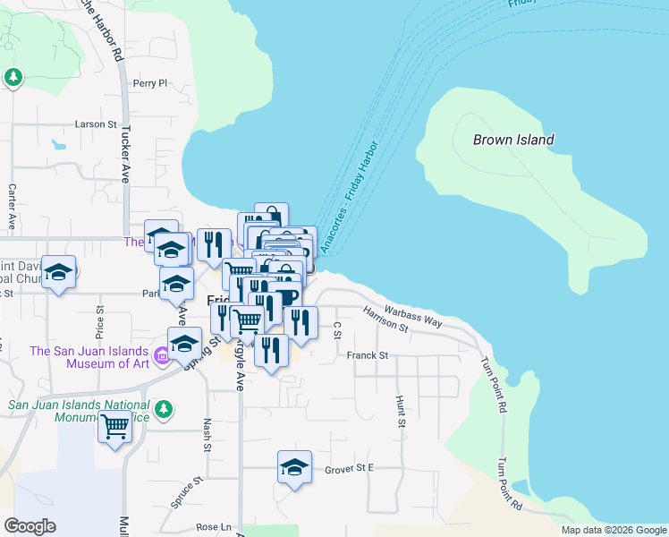 map of restaurants, bars, coffee shops, grocery stores, and more near 100 Warbass Way in Friday Harbor