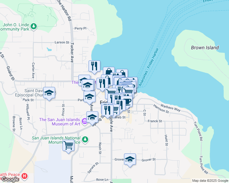 map of restaurants, bars, coffee shops, grocery stores, and more near 123 West Street in Friday Harbor