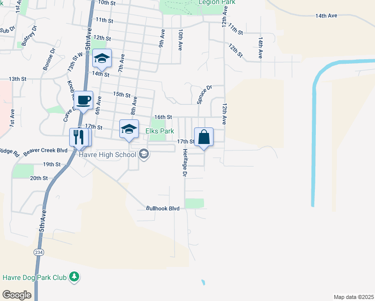 map of restaurants, bars, coffee shops, grocery stores, and more near 980 17th Street in Havre