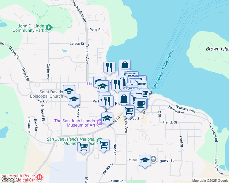 map of restaurants, bars, coffee shops, grocery stores, and more near 105 2nd Street North in Friday Harbor