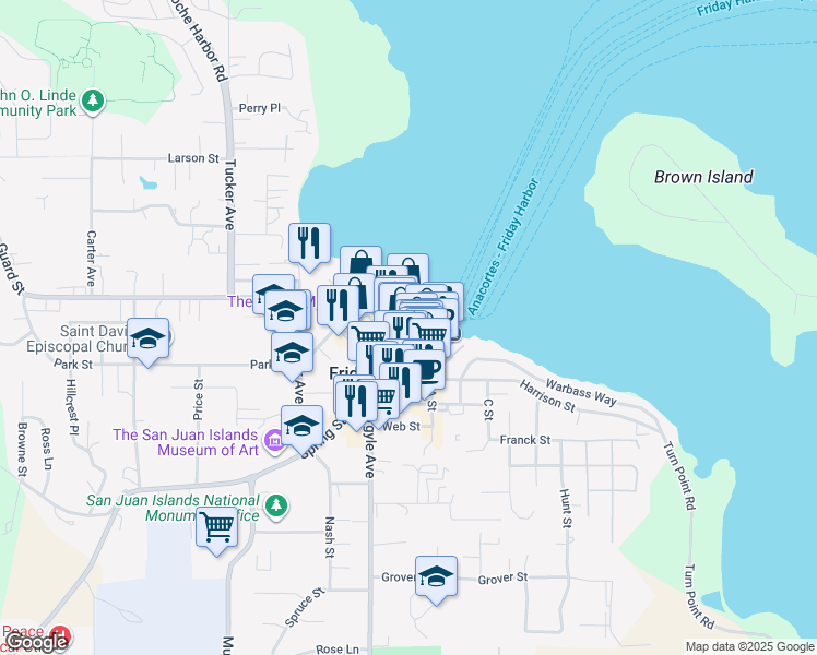 map of restaurants, bars, coffee shops, grocery stores, and more near 123 West Street in Friday Harbor