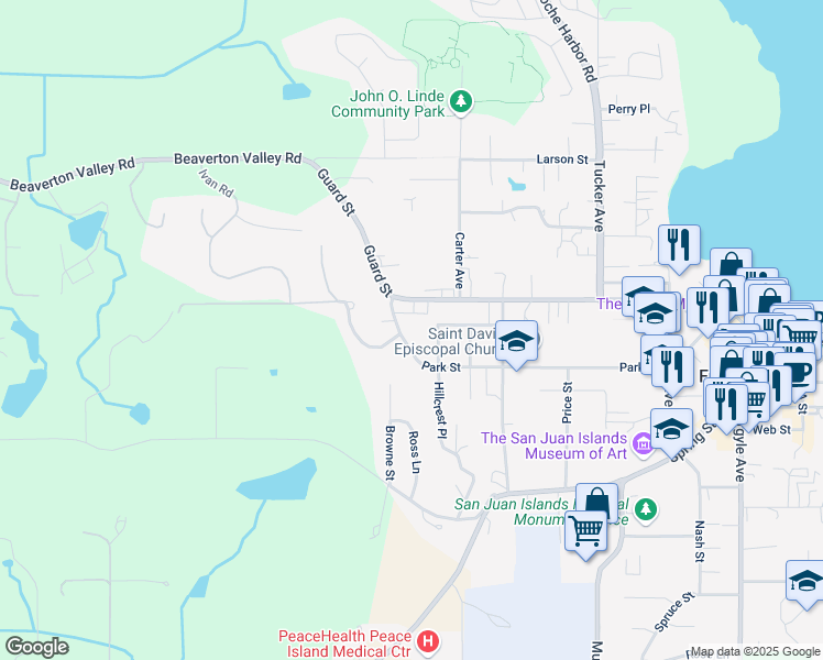 map of restaurants, bars, coffee shops, grocery stores, and more near 1015 Park Street in Friday Harbor