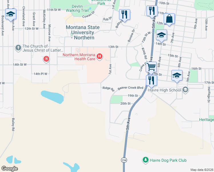 map of restaurants, bars, coffee shops, grocery stores, and more near 41 Ridge Road in Havre