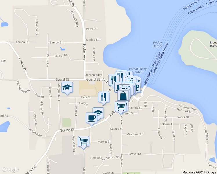 map of restaurants, bars, coffee shops, grocery stores, and more near 105 2nd Street North in Friday Harbor