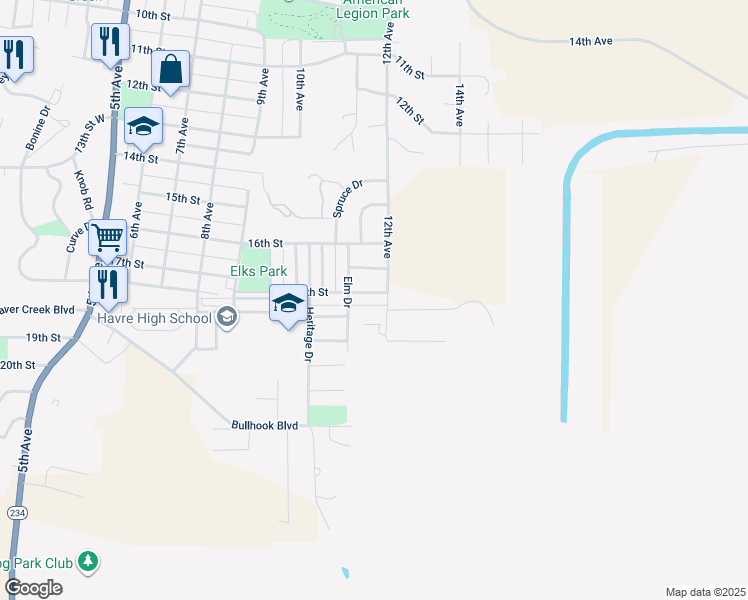 map of restaurants, bars, coffee shops, grocery stores, and more near 1186 17th Street in Havre