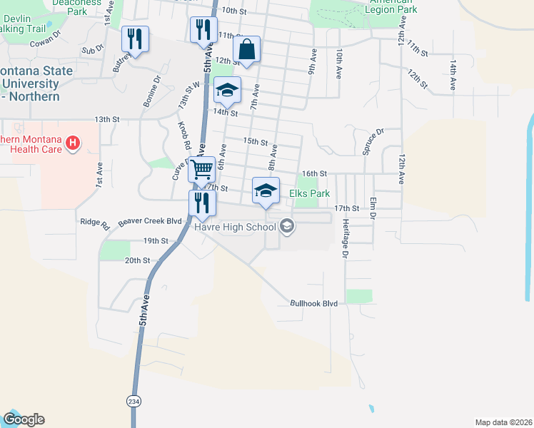 map of restaurants, bars, coffee shops, grocery stores, and more near 8th Ave in Havre