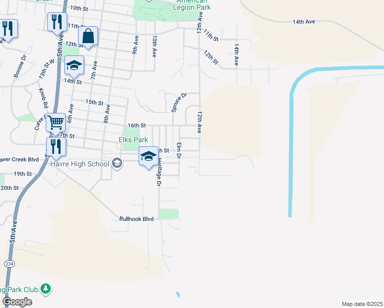 map of restaurants, bars, coffee shops, grocery stores, and more near 1186 17th Street in Havre