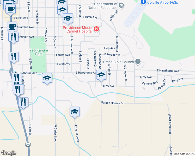 map of restaurants, bars, coffee shops, grocery stores, and more near 915 South Madison Street in Colville