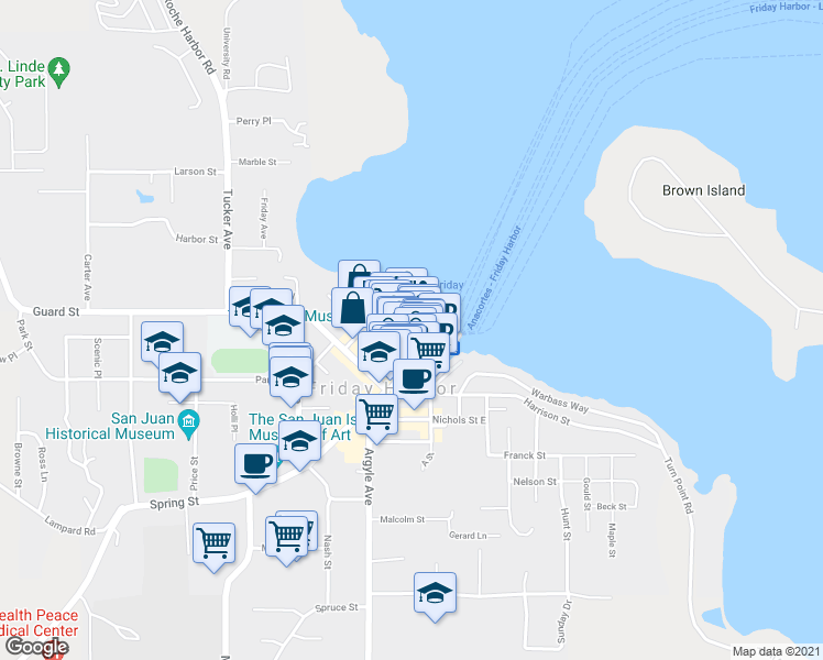 map of restaurants, bars, coffee shops, grocery stores, and more near 99 Front Street in Friday Harbor