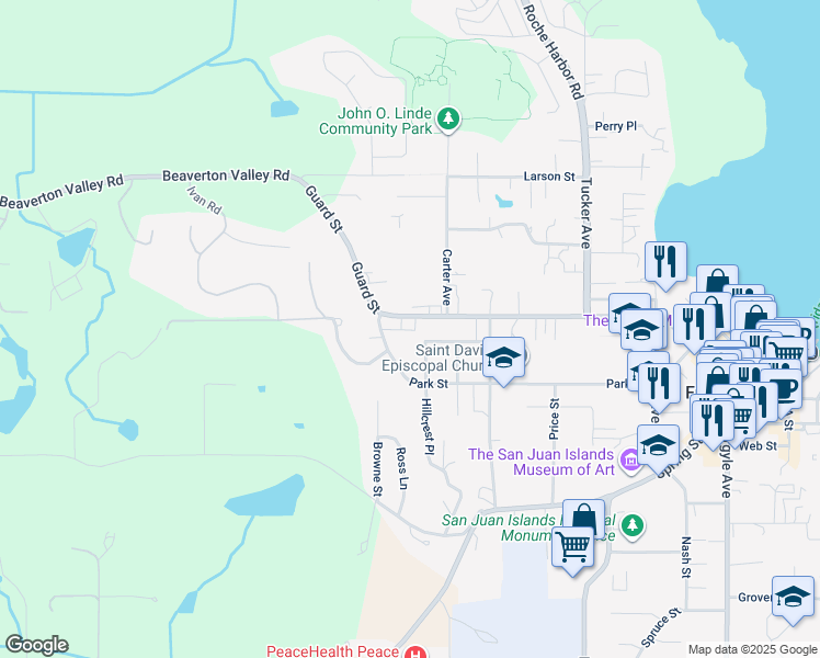 map of restaurants, bars, coffee shops, grocery stores, and more near 1015 Park Street in Friday Harbor