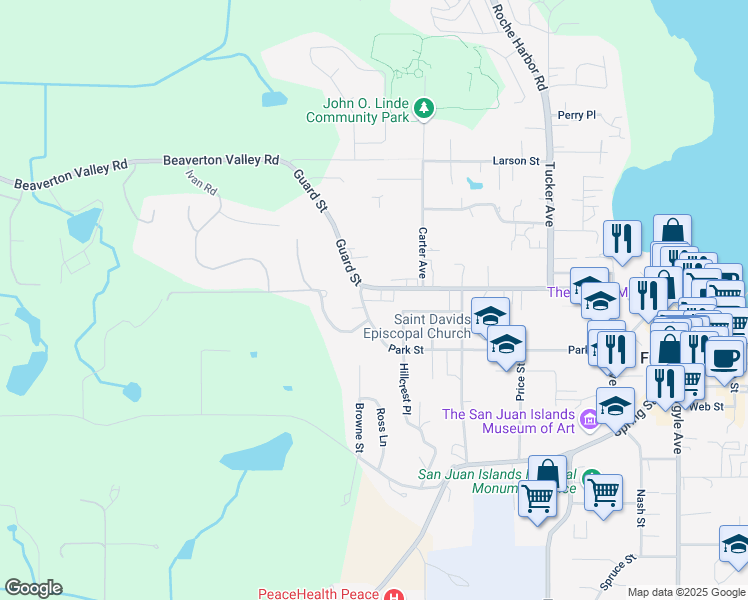 map of restaurants, bars, coffee shops, grocery stores, and more near 1015 Park Street in Friday Harbor
