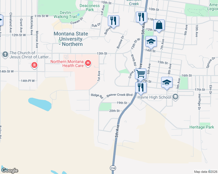 map of restaurants, bars, coffee shops, grocery stores, and more near 31 Beaver Creek Boulevard in Havre