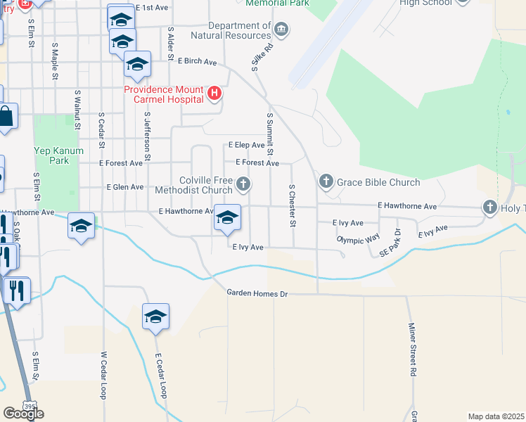 map of restaurants, bars, coffee shops, grocery stores, and more near 855 South Summit Street in Colville