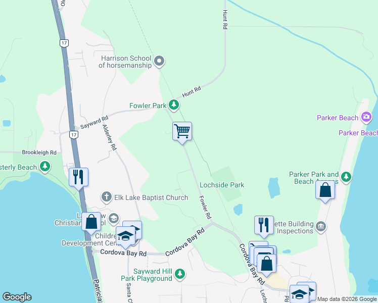 map of restaurants, bars, coffee shops, grocery stores, and more near 5460 Fowler Road in Victoria