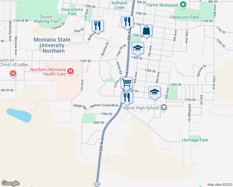 map of restaurants, bars, coffee shops, grocery stores, and more near 1610 5th Avenue in Havre