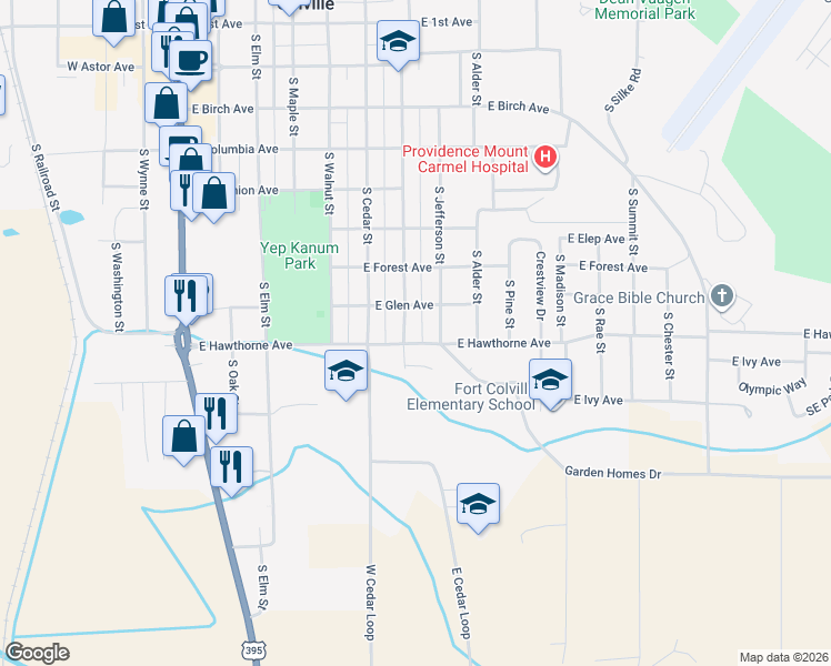 map of restaurants, bars, coffee shops, grocery stores, and more near 819 South Hofstetter Street in Colville