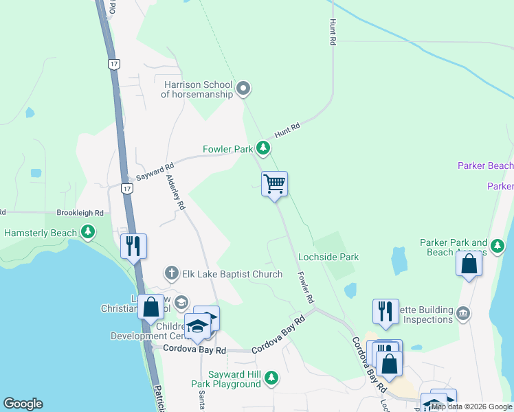 map of restaurants, bars, coffee shops, grocery stores, and more near 5460 Fowler Road in Victoria