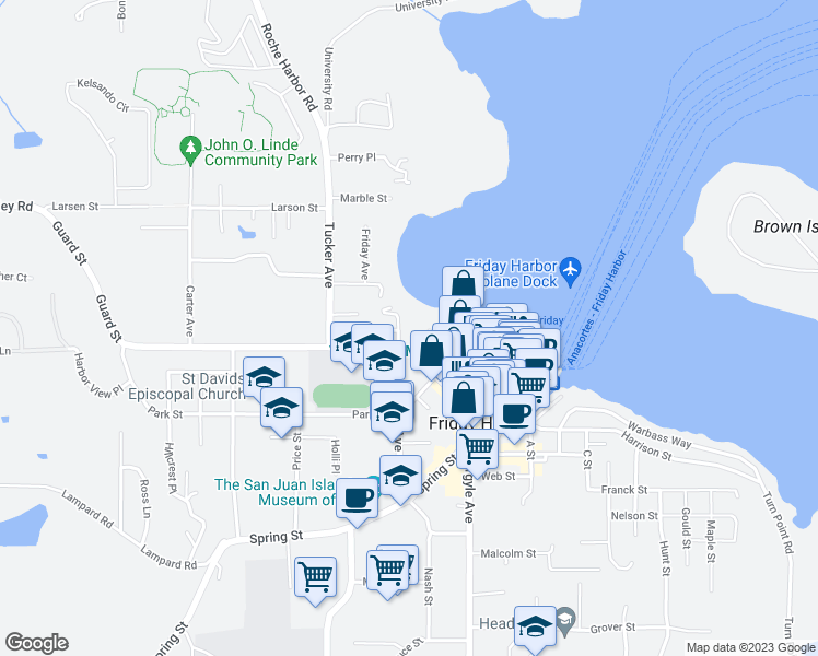map of restaurants, bars, coffee shops, grocery stores, and more near 282 Culver Drive in Friday Harbor